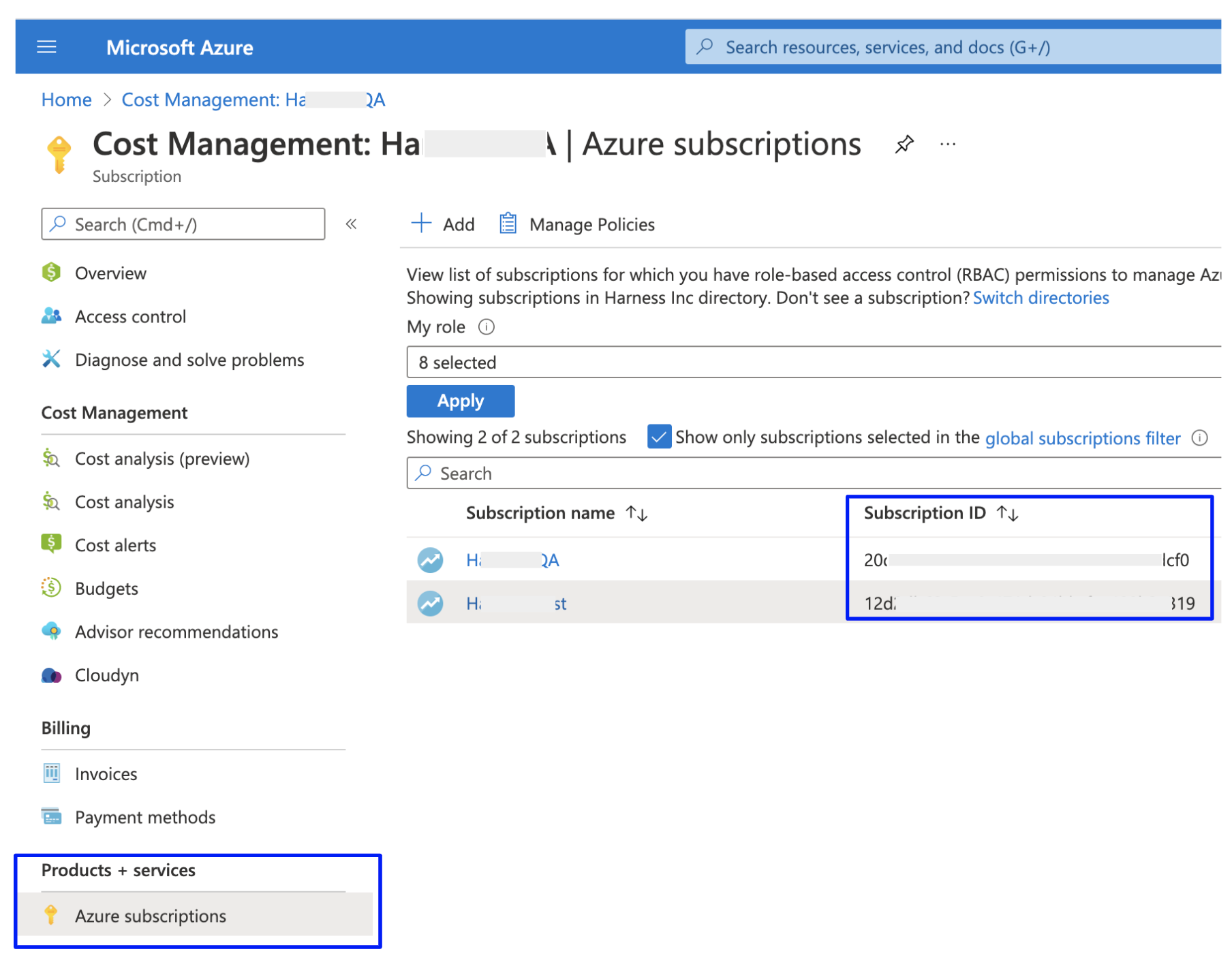 The Cost Management page on Azure