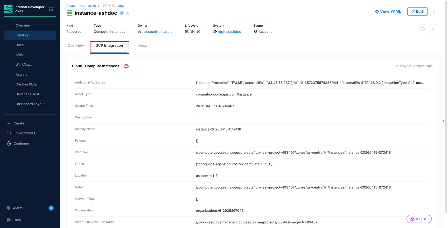 GCP Integration tab showing full resource details