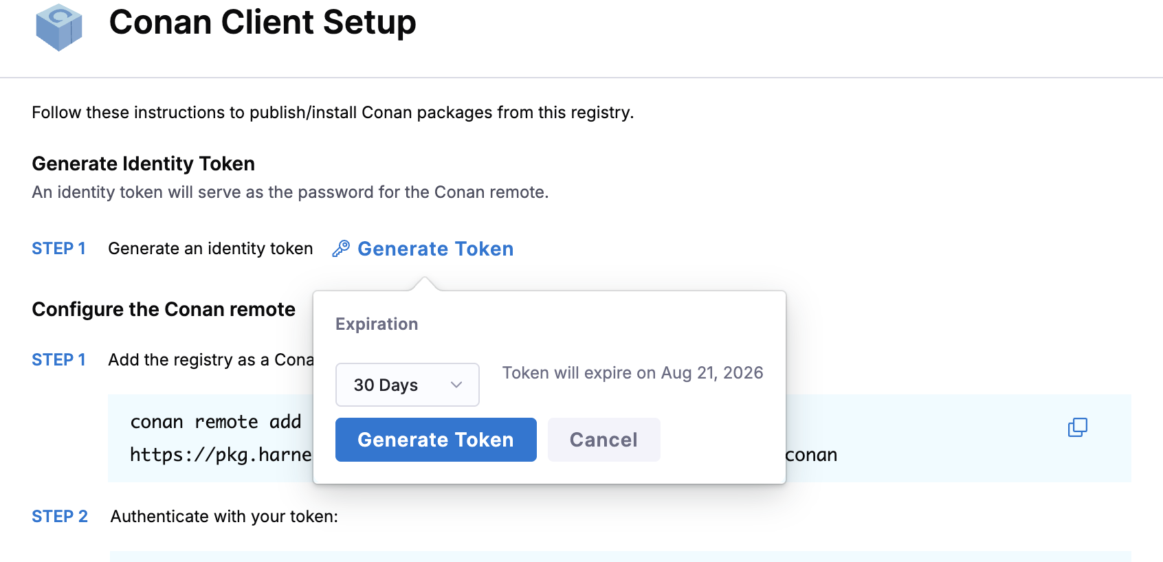 Expiration dropdown in the Generate Token dialog