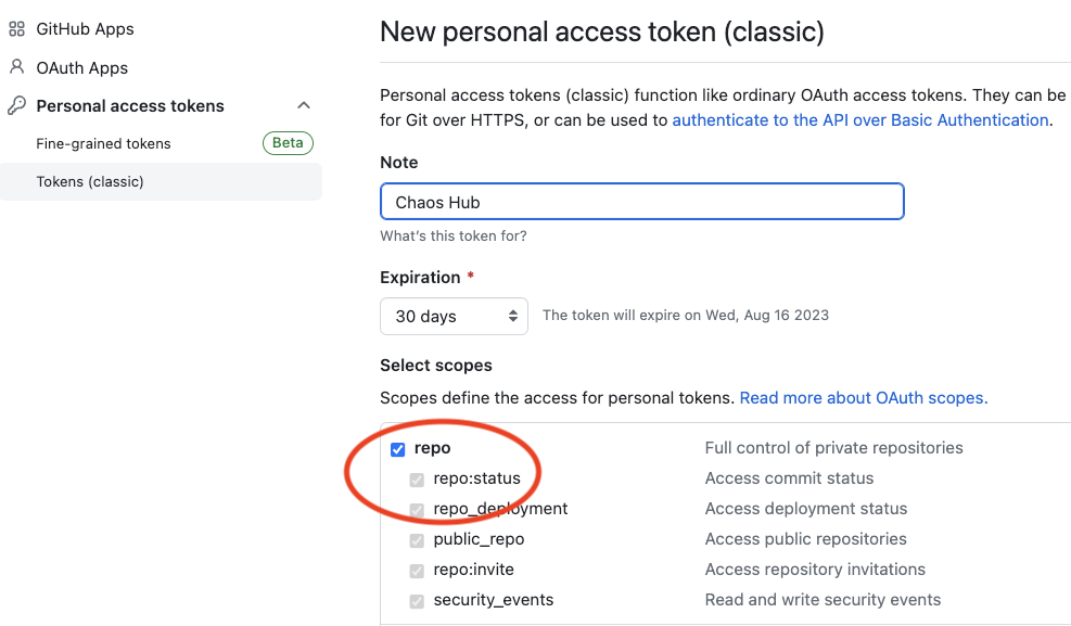GitHub New personal access token (classic) screen