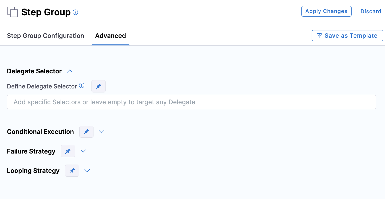 Step Group Advanced settings showing Conditional Execution, Failure Strategy, and Looping Strategy options
