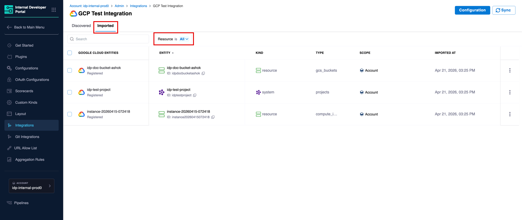 'Imported' tab showing GCP entities linked to catalog entities