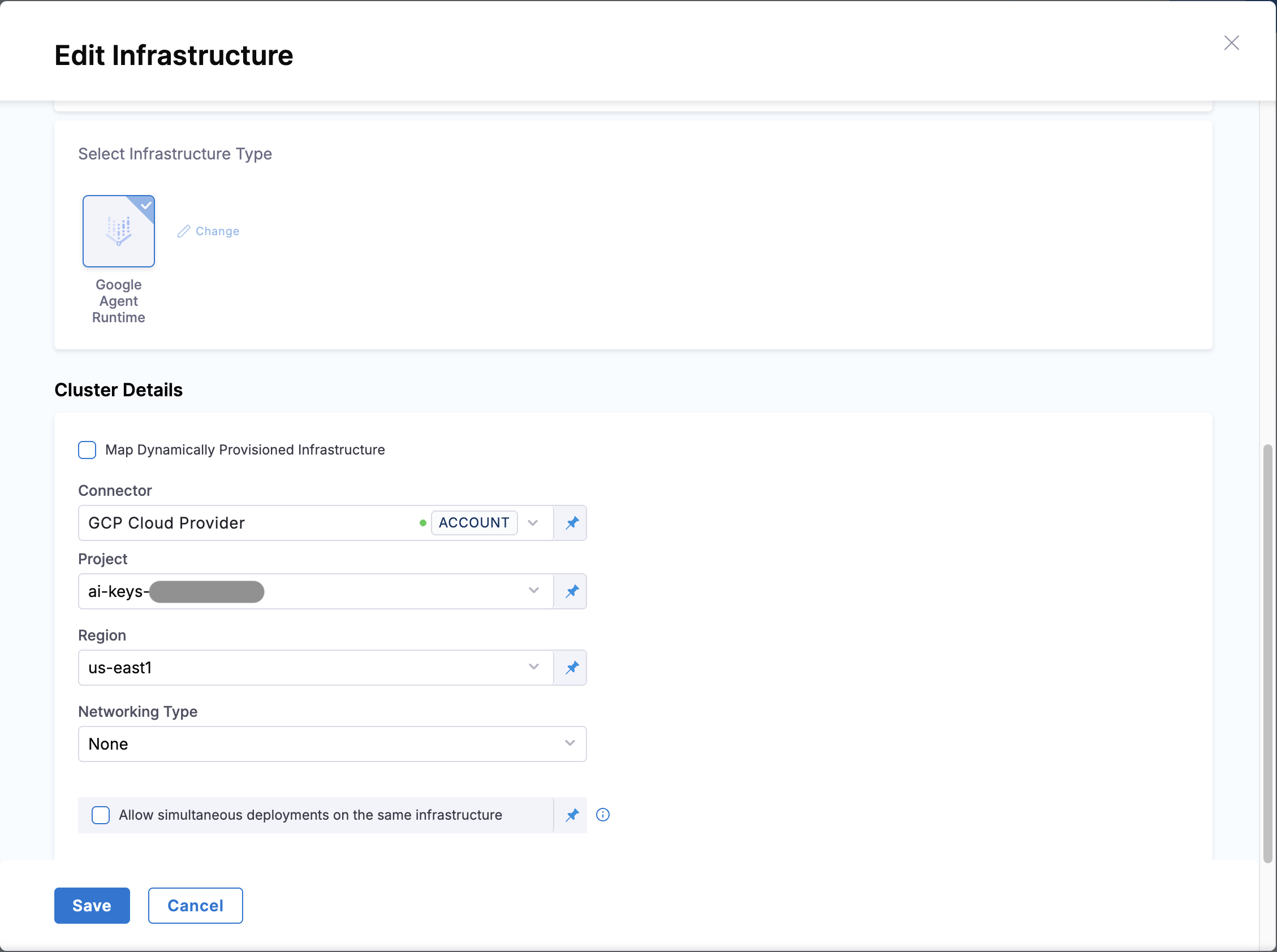 Click to view full size Edit Infrastructure panel for Google Agent Runtime showing connector, project, region, and networking type