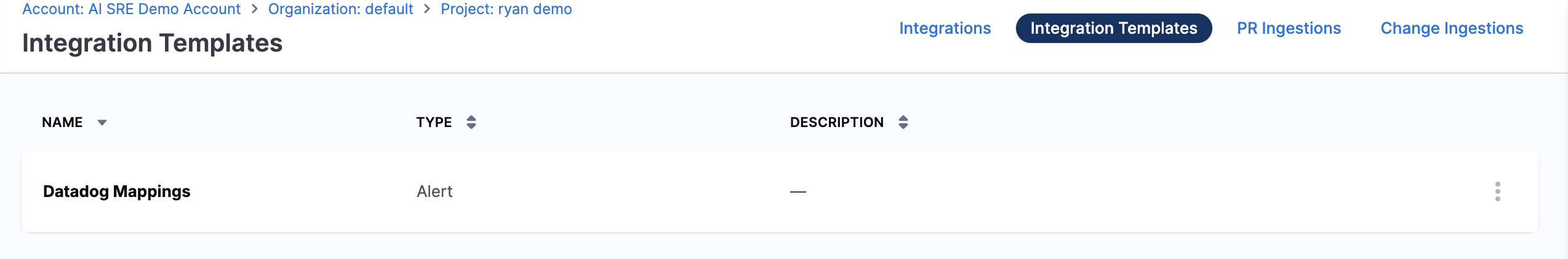 Integration Templates tab showing a Datadog Mappings template of type Alert