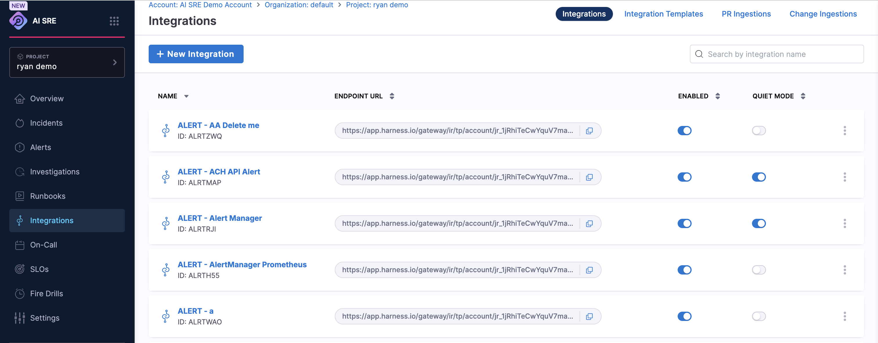 AI SRE Integrations page with the Integrations, Integration Templates, PR Ingestions, and Change Ingestions tabs in the top navigation