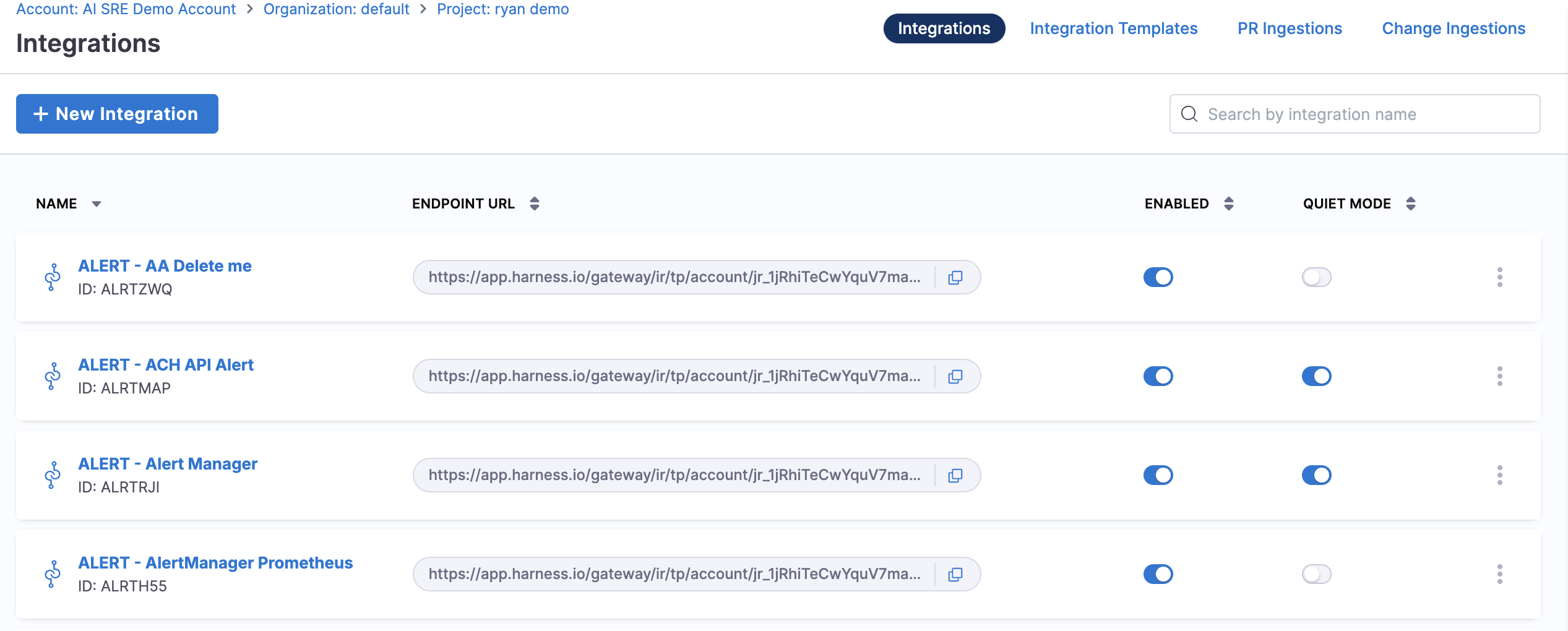 Integrations tab listing alert webhook endpoints, each with an endpoint URL, Enabled toggle, and Quiet Mode toggle