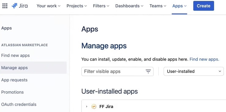 Manage apps page in Jira
