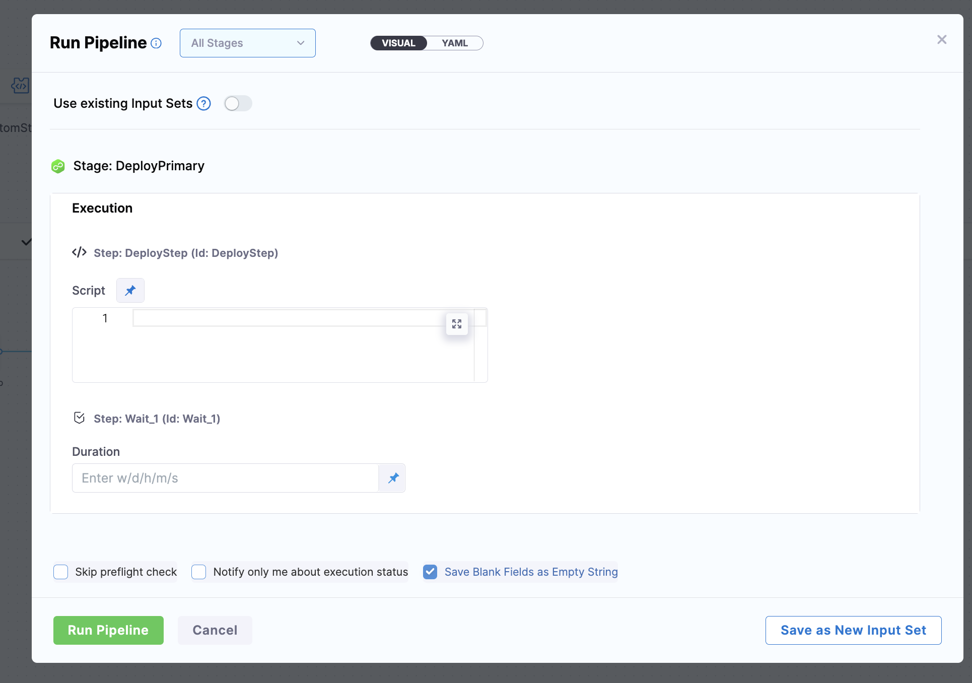 Run Stage dialog showing runtime input fields for a manually executed stage