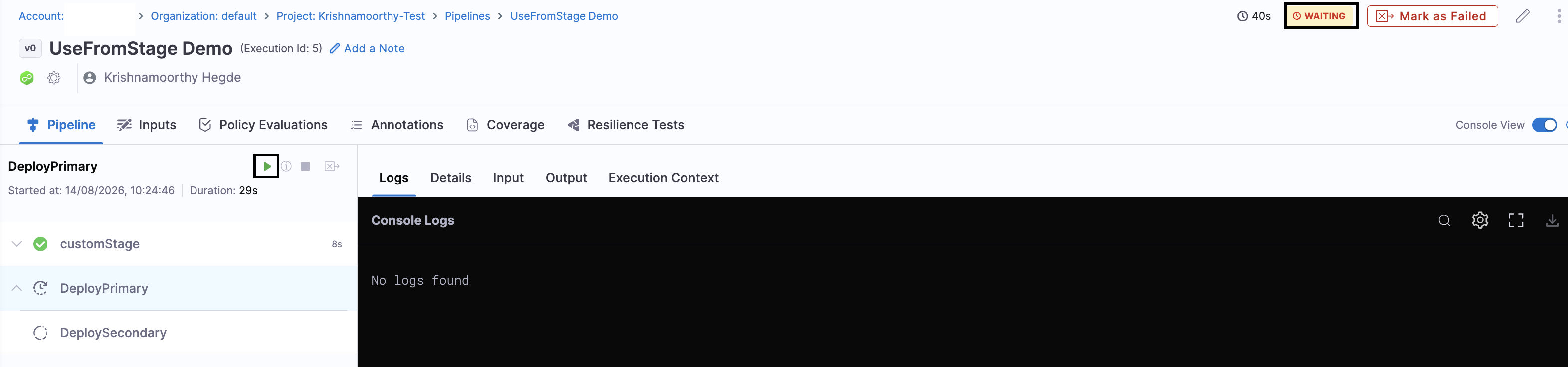 Run button on a stage card in the execution view