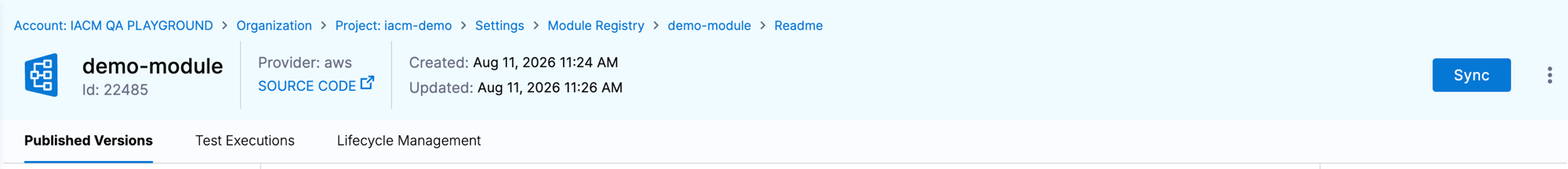 Module detail header showing the module name, provider, Source Code link, Sync button, and the Published Versions, Test Executions, and Lifecycle Management tabs