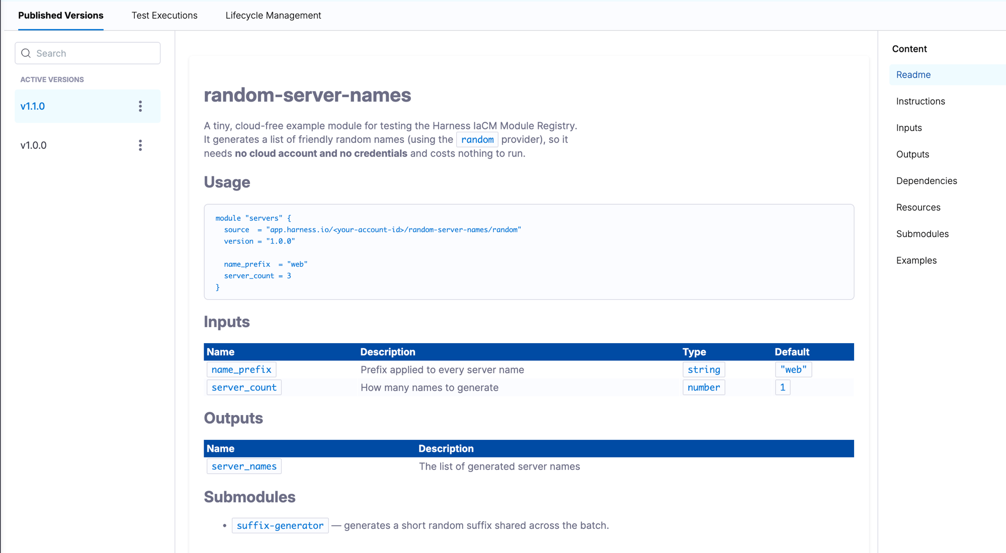 Module detail view showing the Readme tab active, with the version list on the left and tab navigation on the right