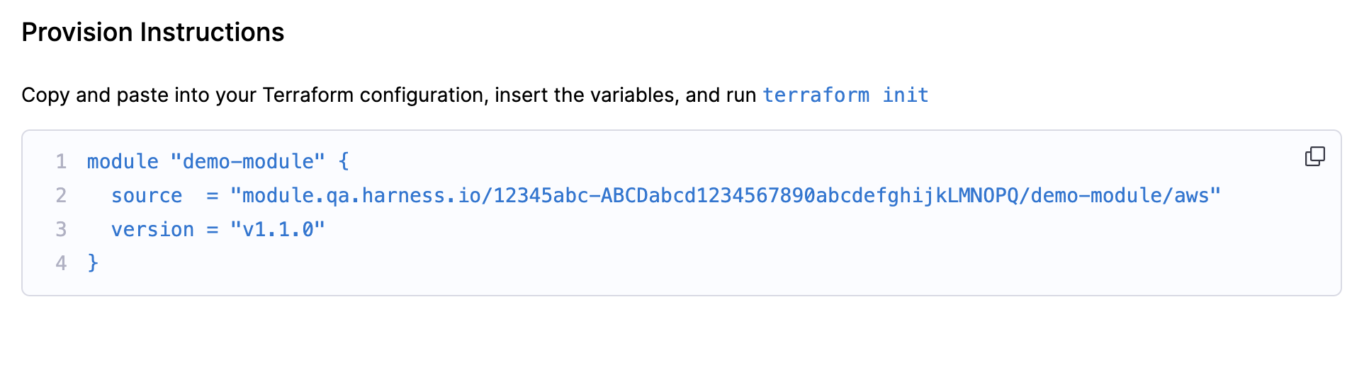 Instructions tab showing a generated module block with the source address and version pre-filled