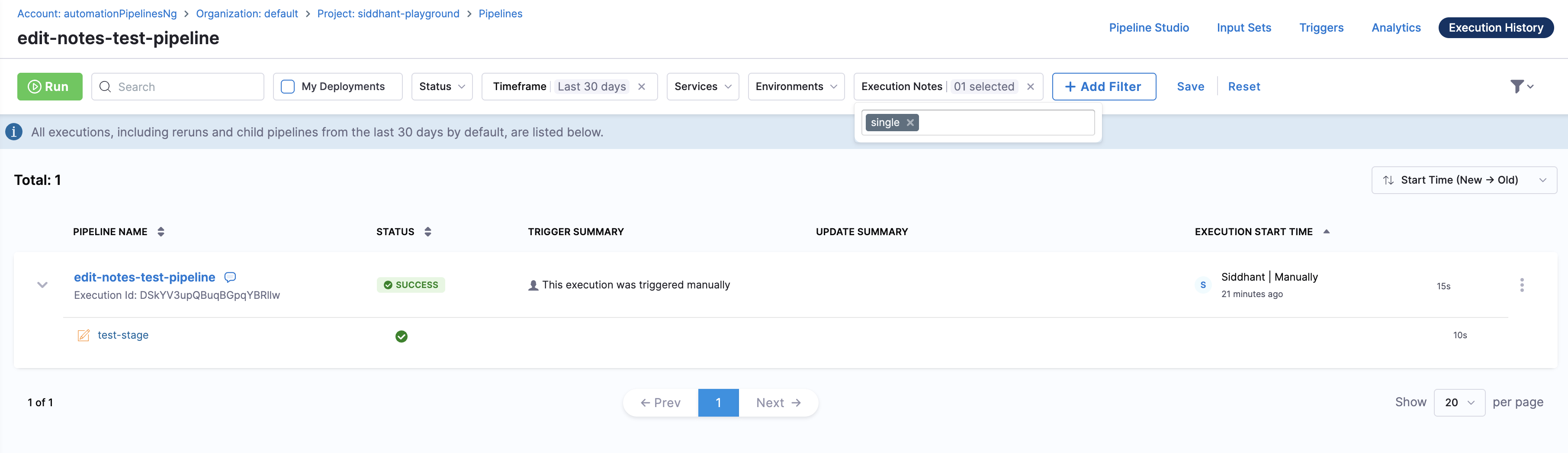 notes for filtering single stage pipeline execution