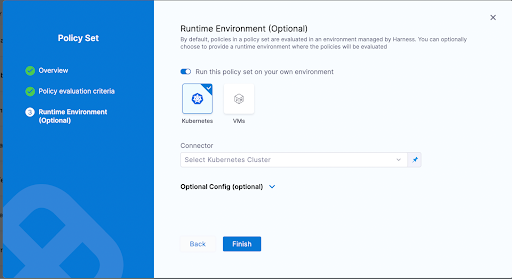 Runtime Environment configuration screen showing Kubernetes and VM options for running a policy set on your own infrastructure.