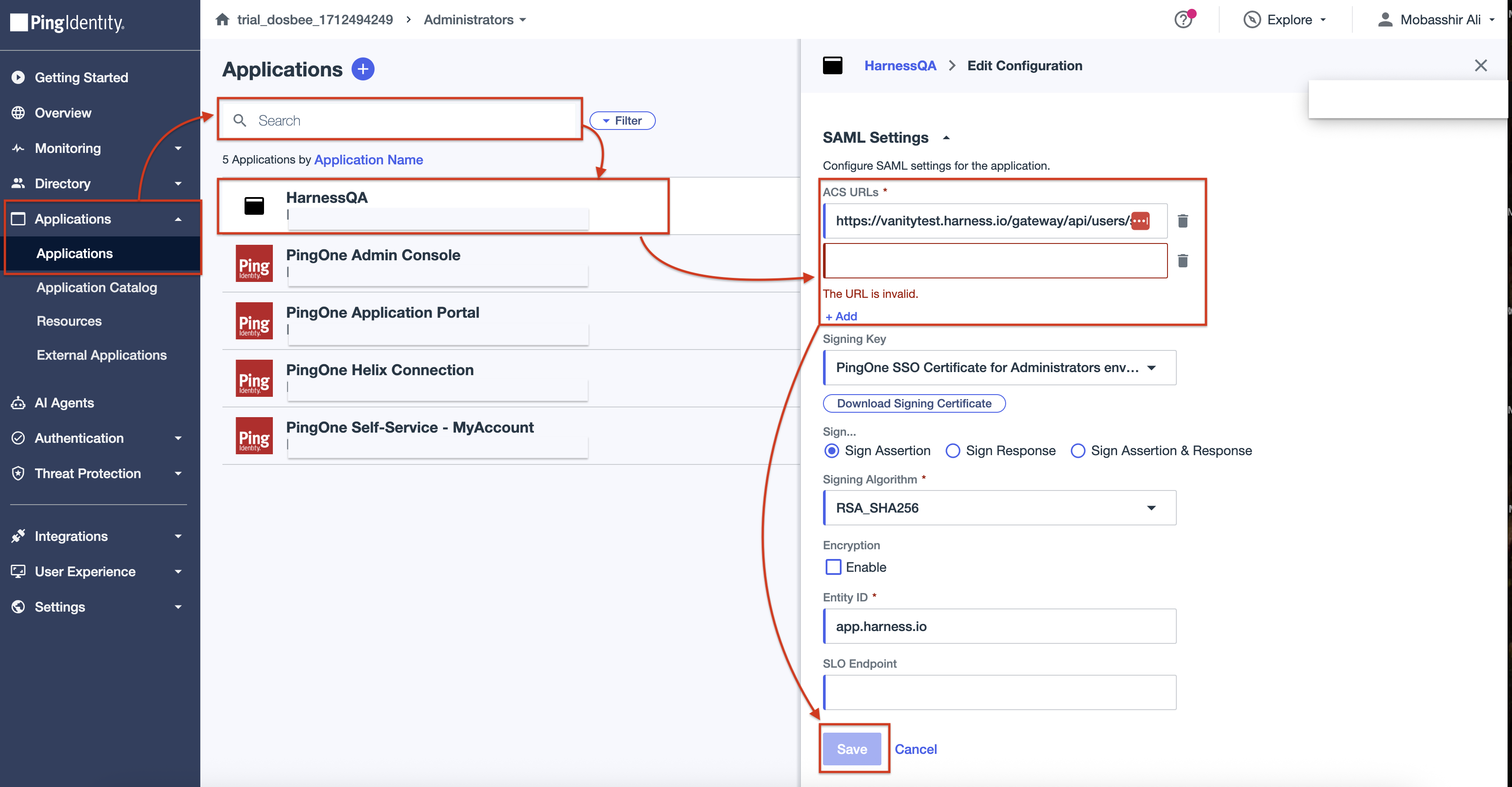 PingOne ACS URL configuration