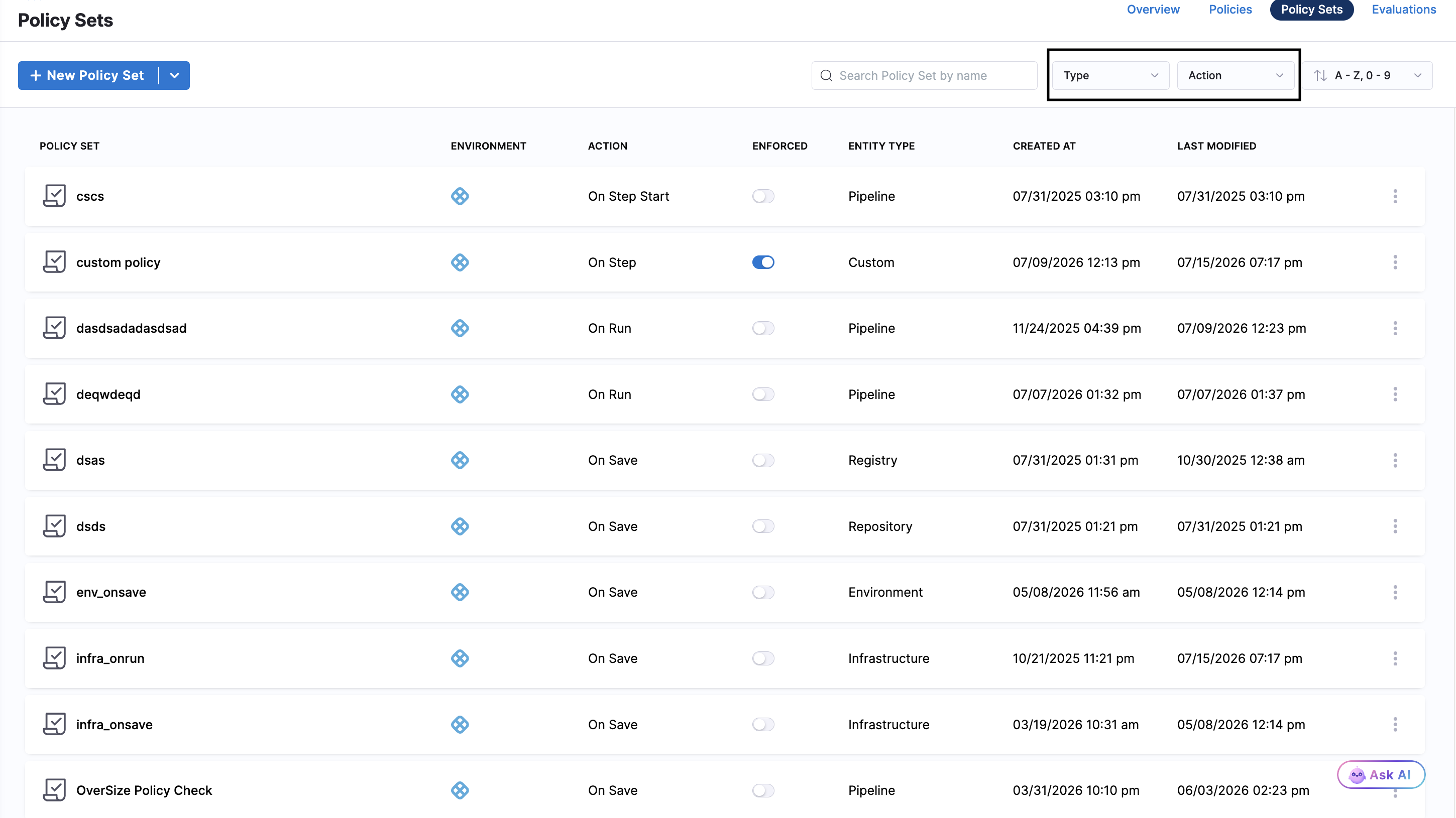 Policy Sets listing page showing the Type and Action filter dropdowns next to the search bar and sort control