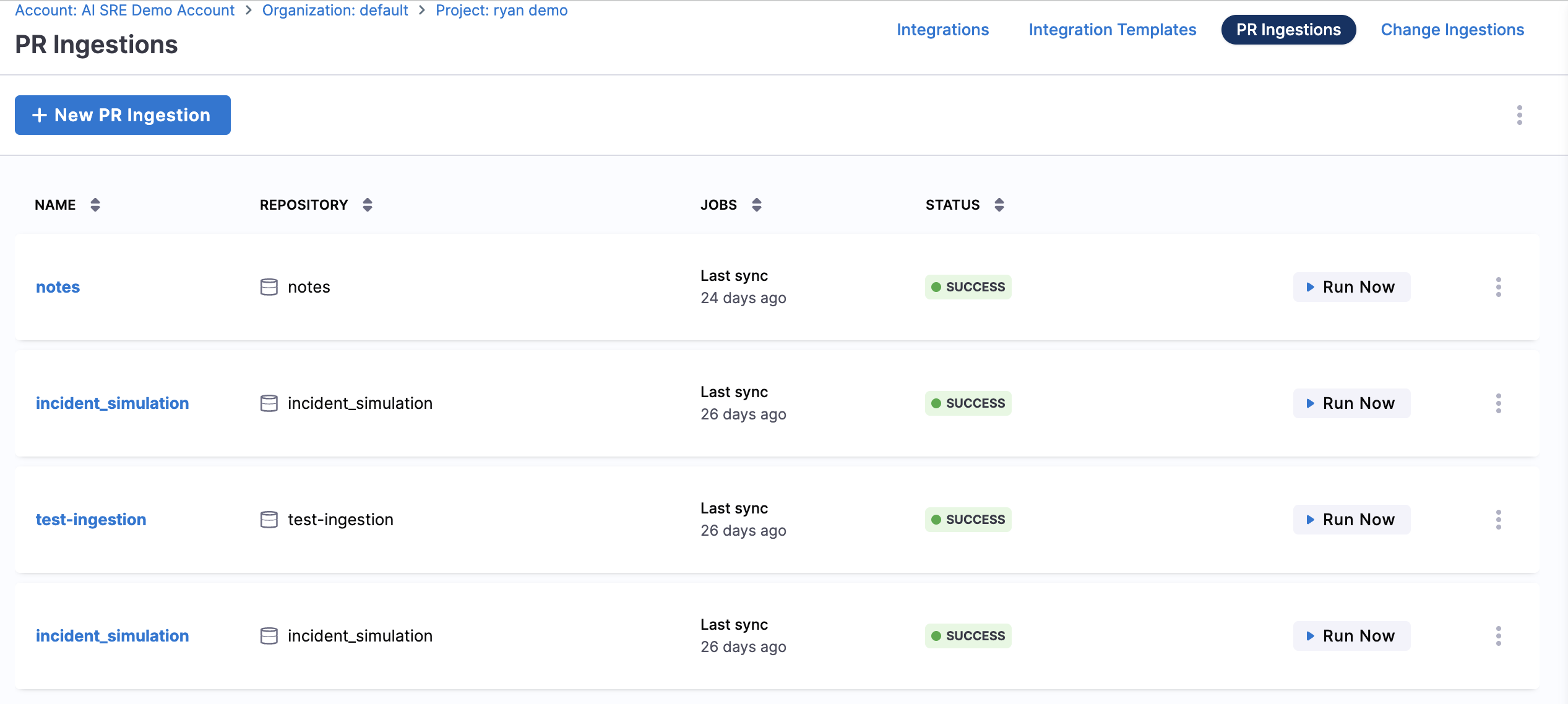 PR Ingestions tab listing pull request ingestion jobs with repository, last sync time, and sync status