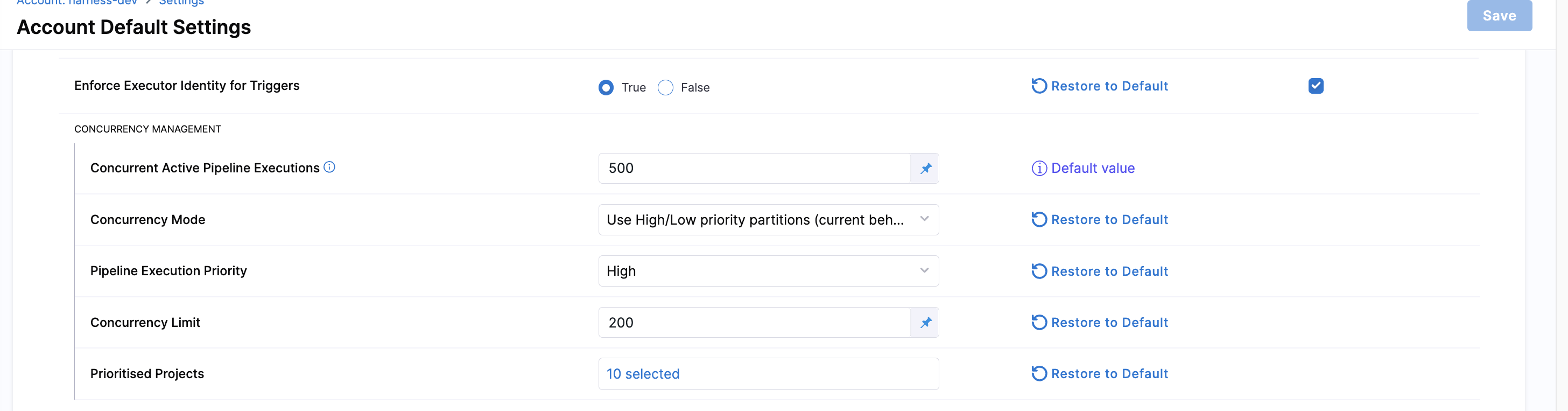 Click to view full size image Concurrency Management settings in High/Low priority partition mode, showing Concurrency Mode, Pipeline Execution Priority, Concurrency Limit, and Prioritized Projects