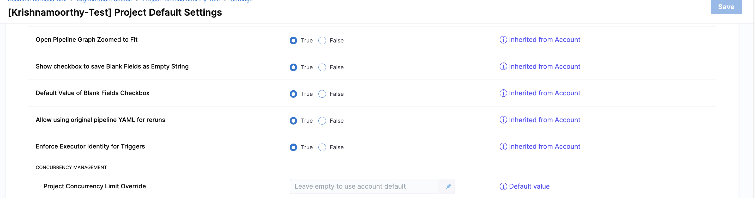 Project Default Settings showing the Project Concurrency Limit Override field under Concurrency Management