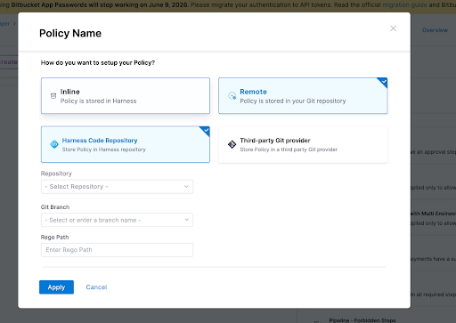 Create a remote policy with Harness Code Repository or a third-party Git provider