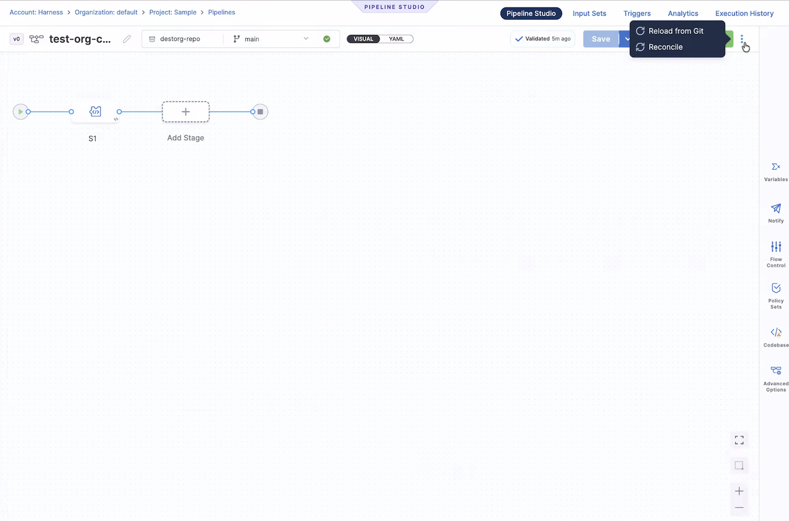 Click to view full size image Reload from Git option in the more options menu of the pipeline studio