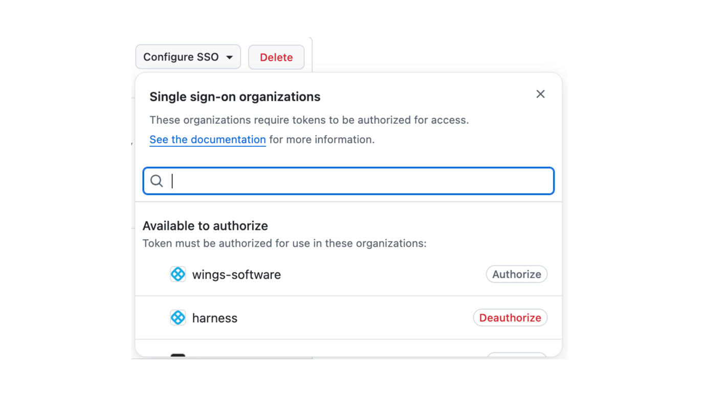 Configure SSO dialog showing organizations available to authorize