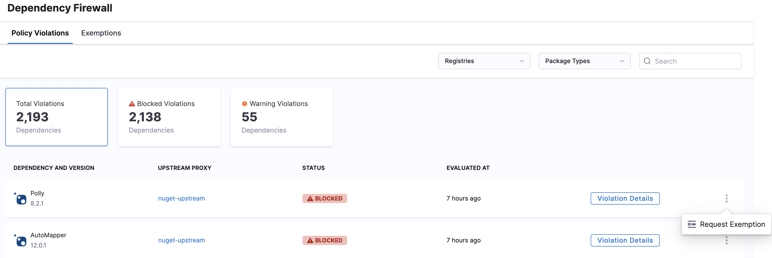 Policy Violations tab showing 2,193 total violations split across 2,138 Blocked and 55 Warning, with a Blocked row's overflow menu open and Request Exemption highlighted