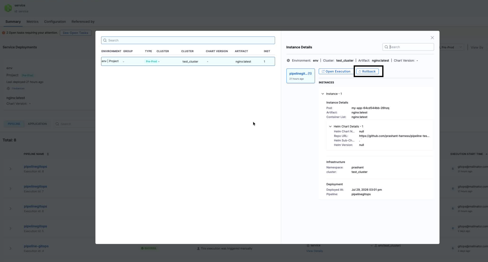 Rollback button in Instance Details for successful GitOps deployment