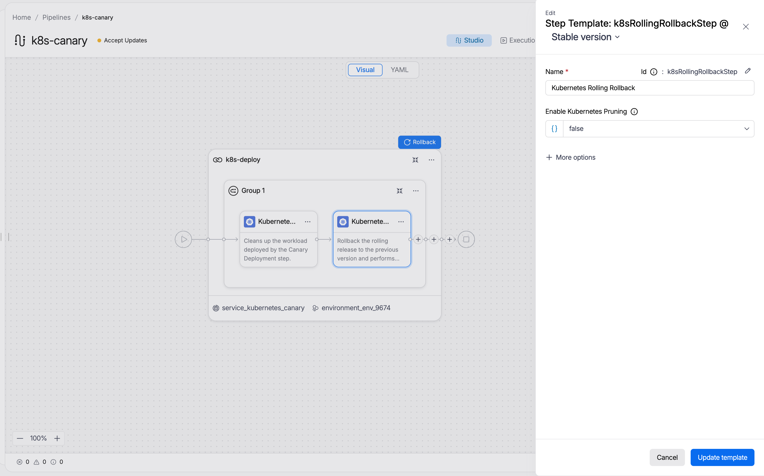 The Kubernetes Rolling Rollback step configuration panel showing Name set to Kubernetes Rolling Rollback, Enable Kubernetes Pruning set to false, and a More options expander.