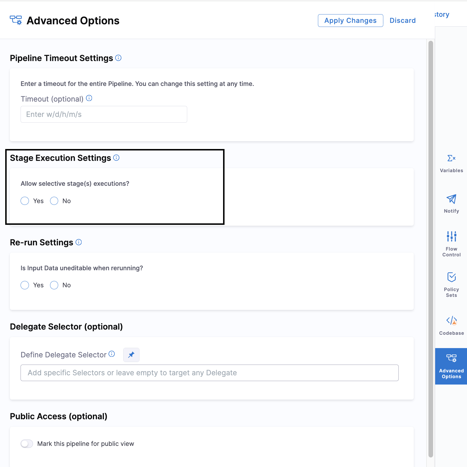 Stage Execution Settings showing Allow selective stage(s) executions option