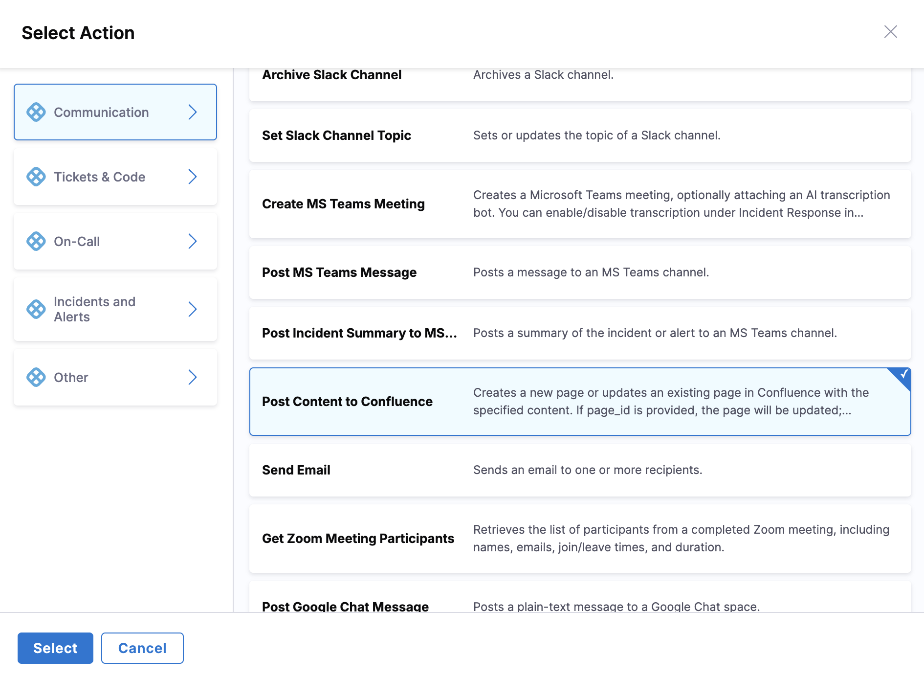 Select Action Dialog