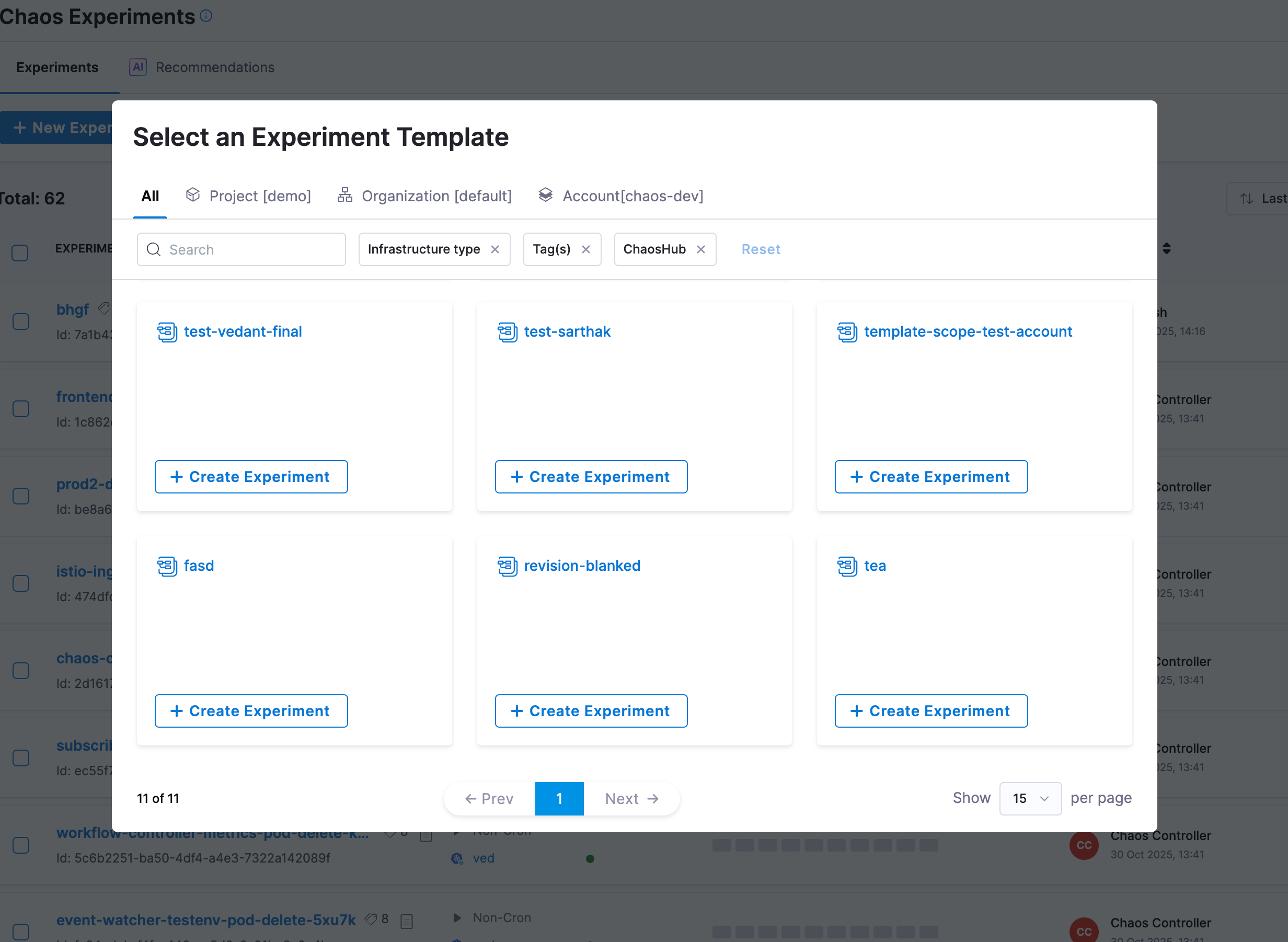 select experiment template