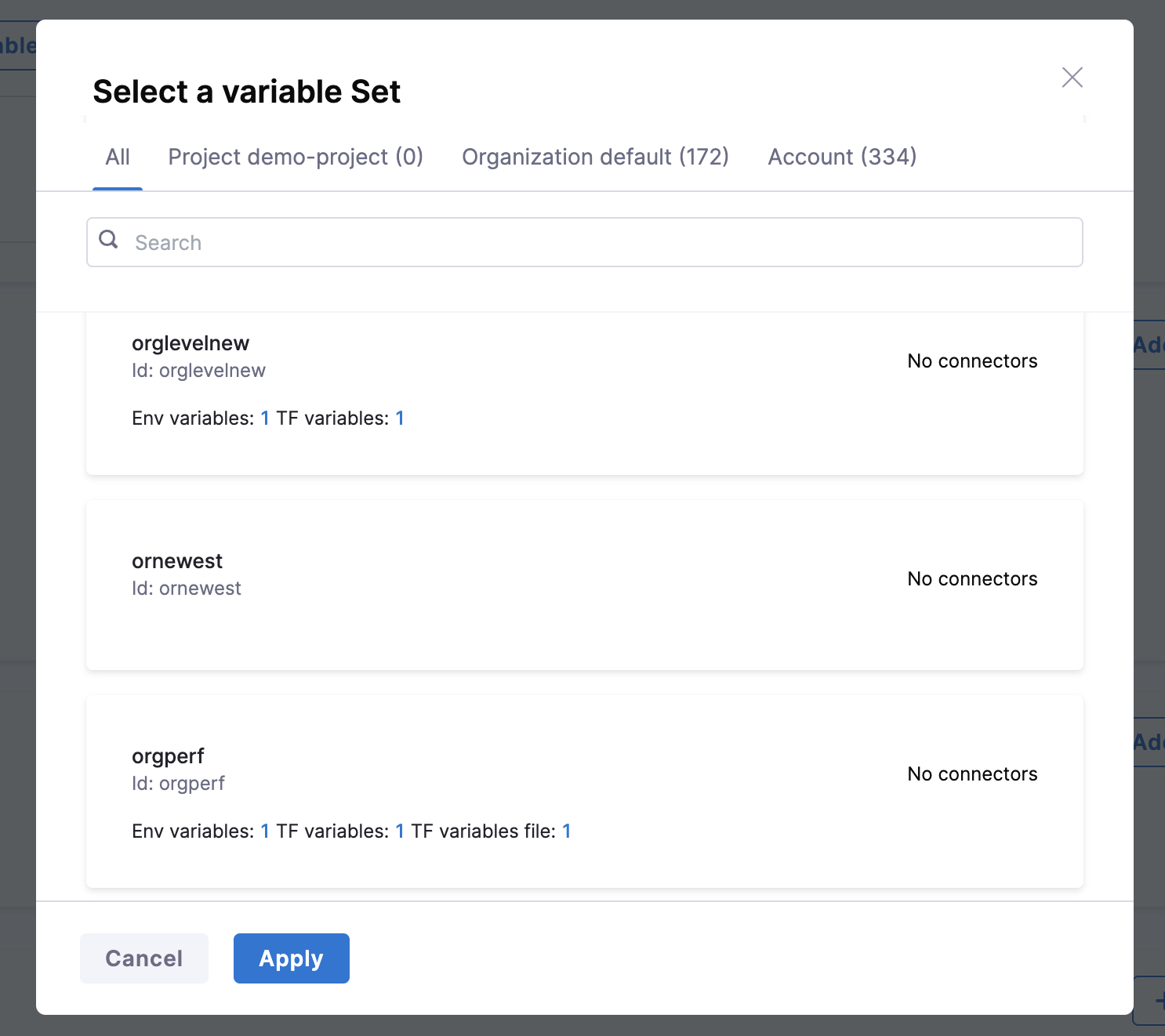 Select a Variable Set panel showing available Variable Sets organized by project, organization, and account scope, with Apply button
