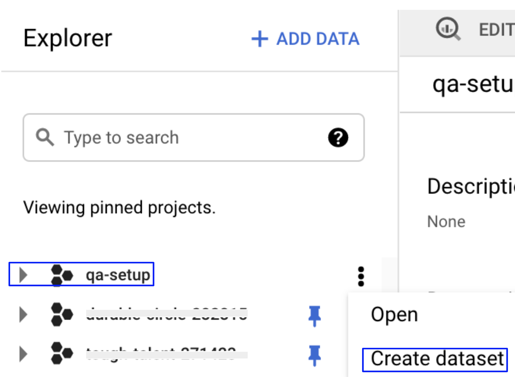 A screenshot that illstrates how and where to create a dataset in your GCP console.