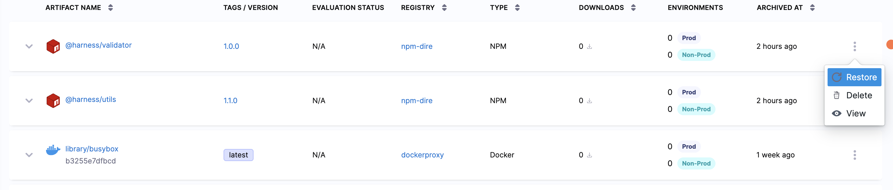 Row actions menu on a deleted item showing Restore and Delete