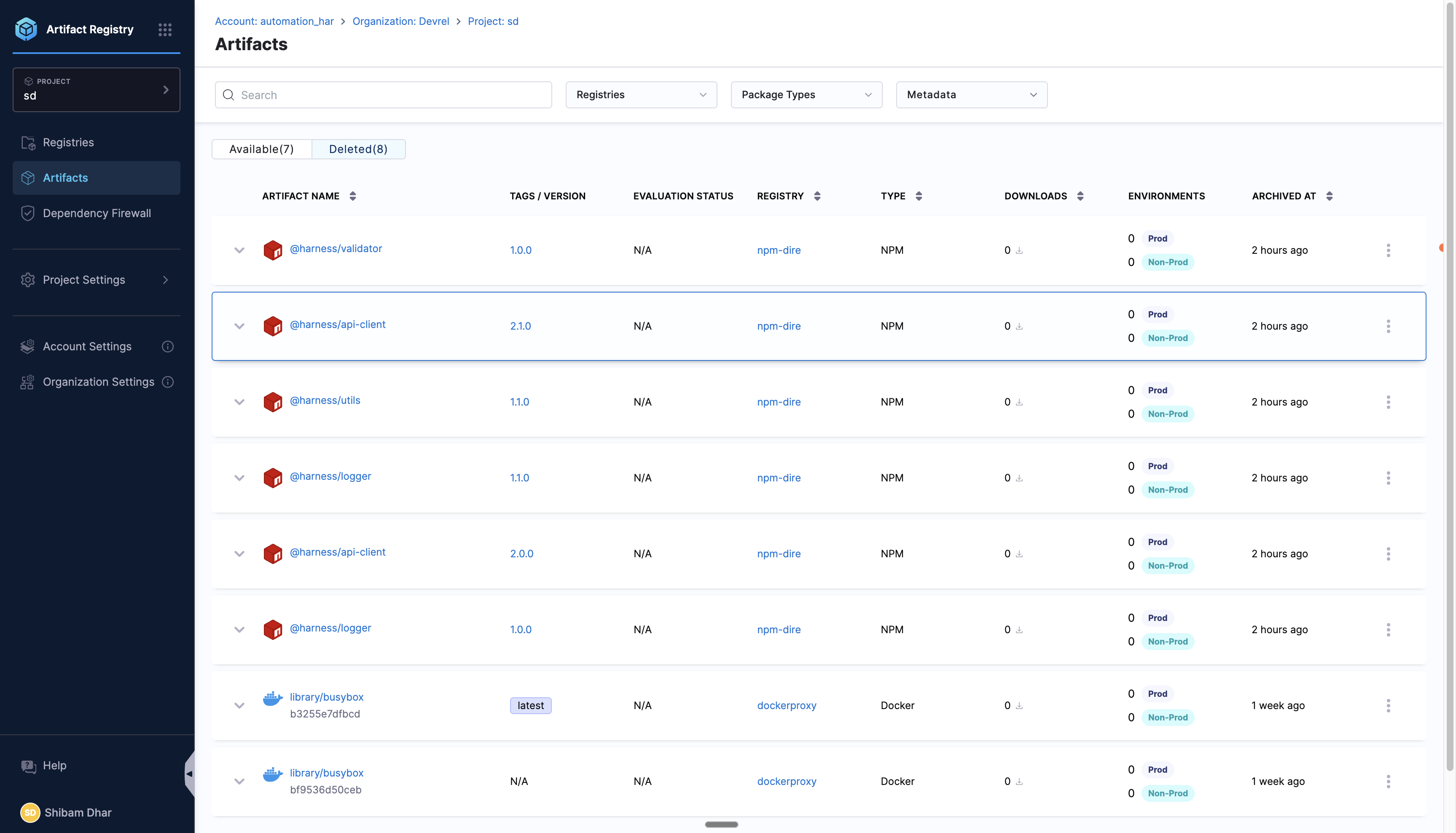 Artifacts page Deleted tab listing soft-deleted packages, versions, and related rows