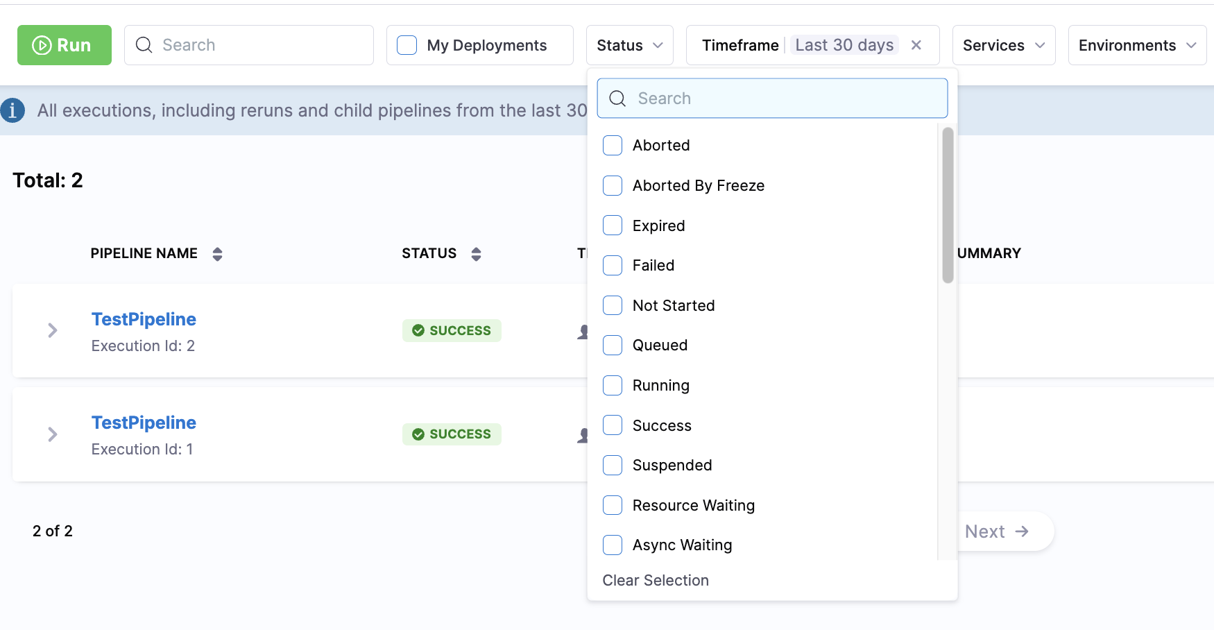 Status filter dropdown showing available pipeline status values for conditional execution