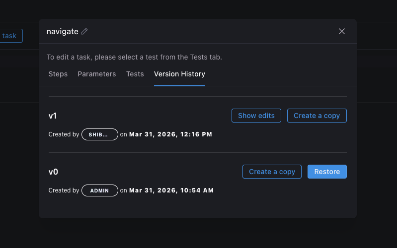 Task details showing the Version History tab with multiple task versions