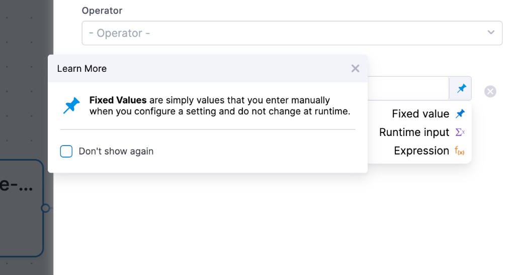 Value input types: Fixed value, Runtime input, and Expression