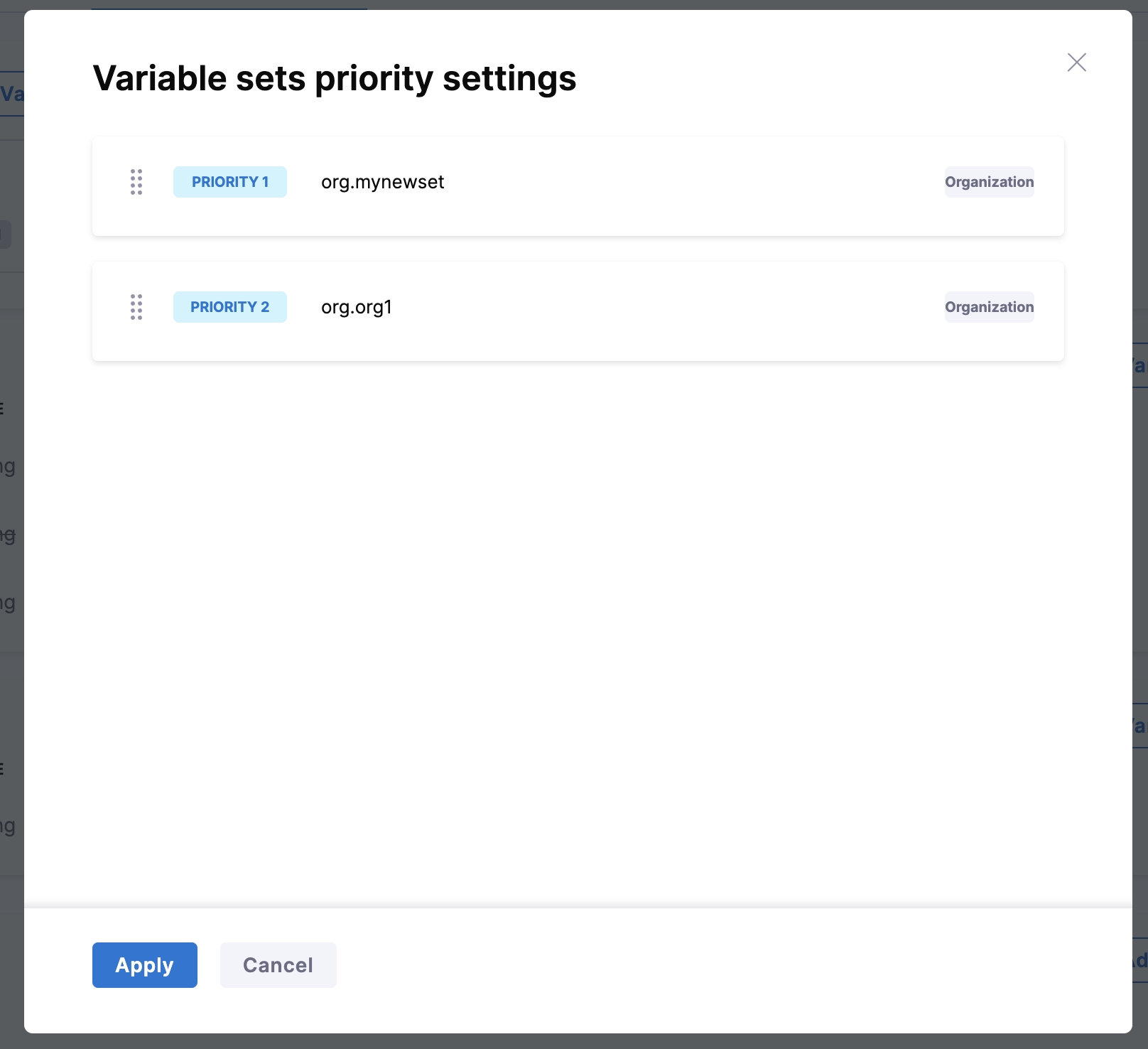Variable sets priority settings panel showing two Variable Sets in drag-and-drop order with Apply button