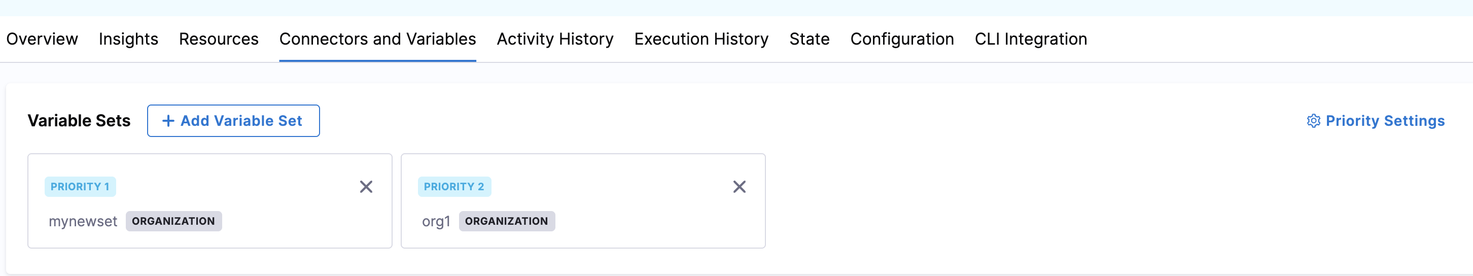 Connectors and Variables tab showing two attached Variable Sets with Priority 1 and Priority 2 labels and the Priority Settings button