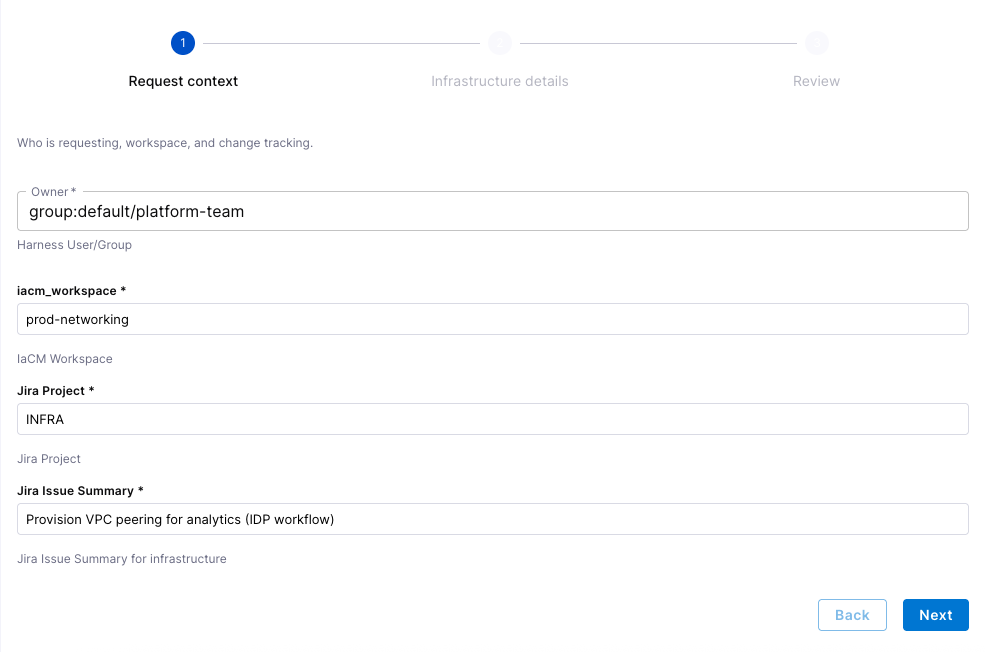 Infrastructure provisioning - workflow form page 1 (request context)