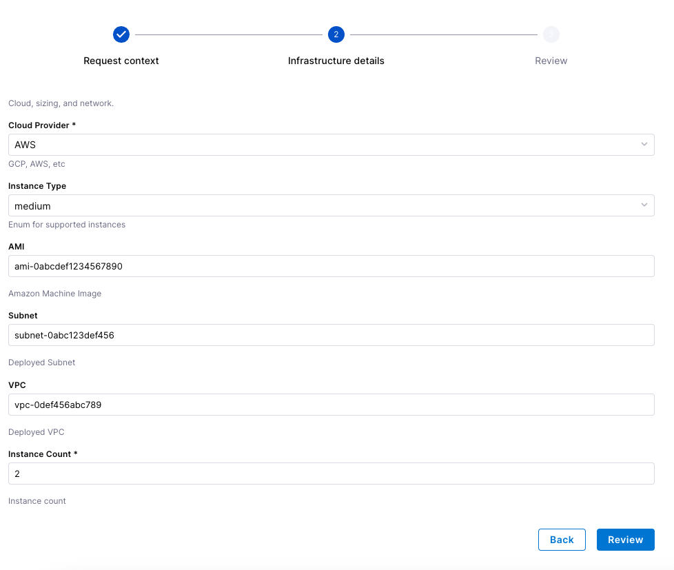 Infrastructure provisioning - workflow form page 2 (infrastructure details)