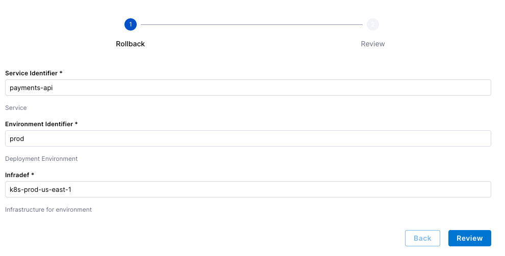 Deployment rollback - workflow form in IDP
